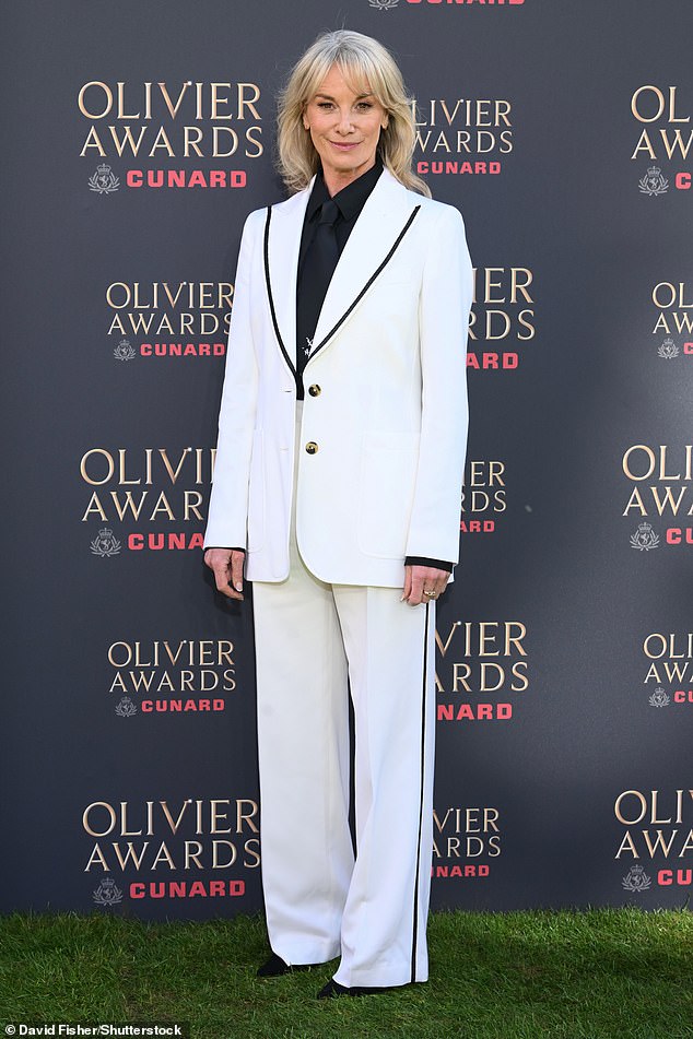Tamzin Outhwaite looked stylish in a white power suit