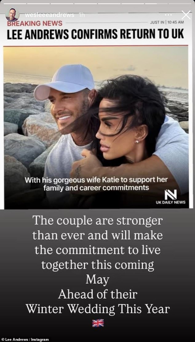 On Instagram, Lee made a spoof article titled: 'Lee Andrews confirms return to the UK', with the words: 'The couple are stronger than ever and will make the commitment to living together this May ahead of their winter wedding this year'