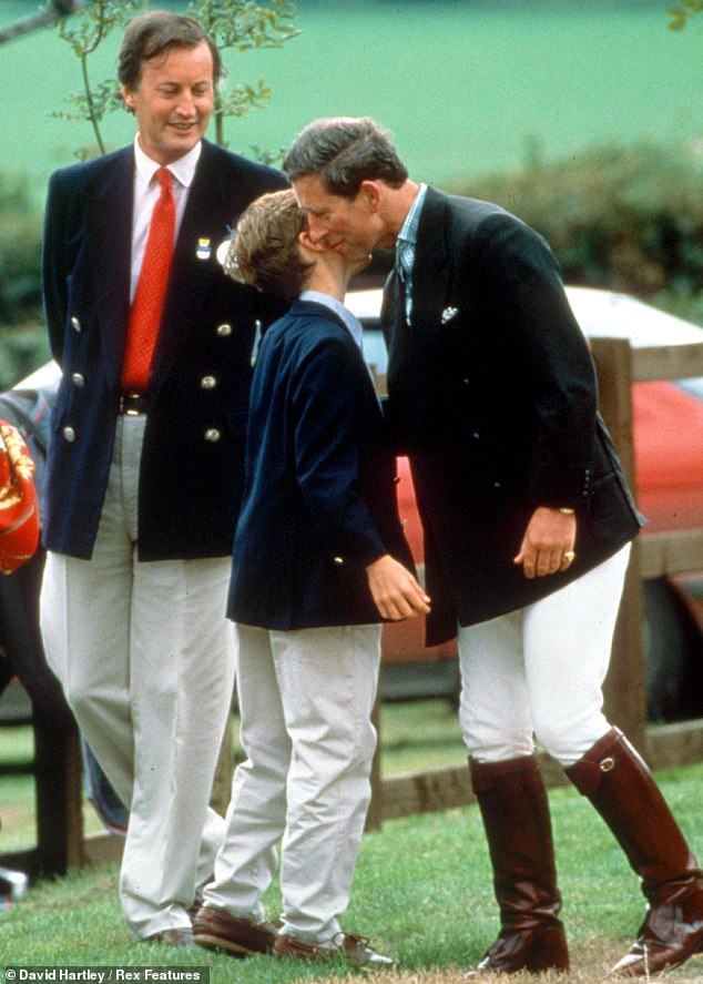 His royal connections are impeccable and here he is pictured greeting his godfather King Charles - the then Prince of Wales - as his father Norton Knatchbull watches on