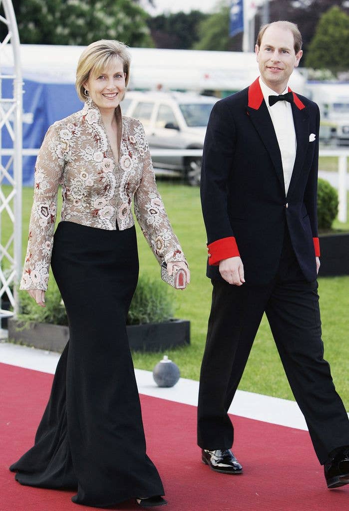 Duchess Sophie in a black skirt and lace top with her husband Prince Edward