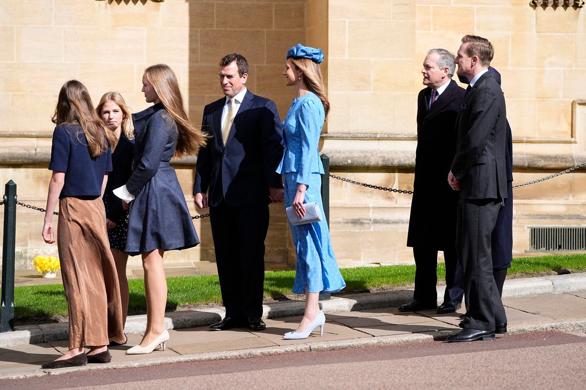 Harriet wore a sky blue spotted peplum jacket and skirt with a Jane Taylor hat and Kiki McDonough earrings