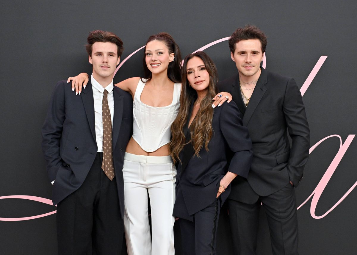LOS ANGELES, CALIFORNIA - FEBRUARY 03: (L-R) Cruz Beckham, Nicola Peltz Beckham, Victoria Beckham and Brooklyn Peltz Beckham attend the Premiere of "Lola" at Regency Bruin Theatre on February 03, 2024 in Los Angeles, California. (Photo by Axelle/Bauer-Griffin/FilmMagic)
