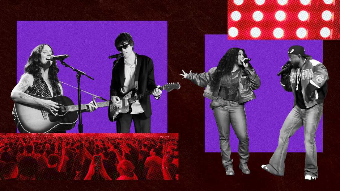A collage of photos showing two co-headlining musical acts including Waxahatchee and MJ Lenderman along with SZA and Kendrick Lamar. There are also photos of a large crowd at a stadium concert and stage lights.