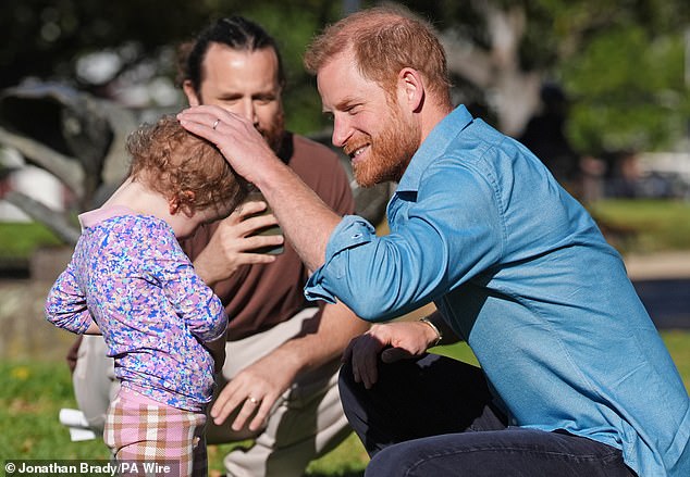 The Duke of Sussex meets Heidi, 3, and her father Rohan Davies at the Scar Tree Walk in Melbourne, Victoria, on day three of the royal trip to Australia. The Scar Tree Walk is a journey connecting traditional and contemporary Aboriginal cultures and histories of the Kulin Nation. Picture date: Thursday April 16, 2026. PA Photo. Photo credit should read: Jonathan Brady/PA Wire