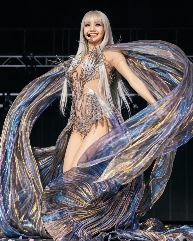 LISA wearing custom Iris Van Herpen performing “Bad Angel” during Anyma’s Coachella set