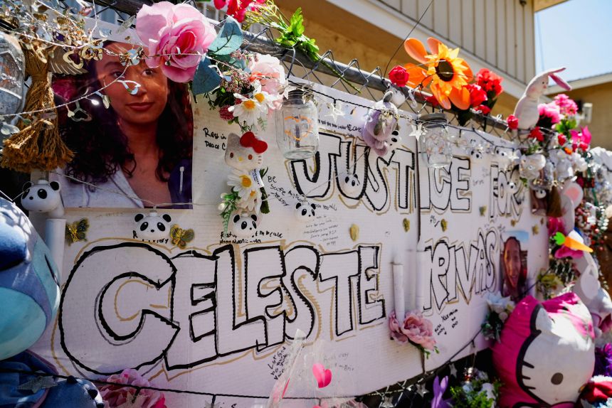 A makeshift memorial with flowers, candles and stuffed toys honors Celeste Rivas, 14, near Jamieson Street in Lake Elsinore after the arrest of musician d4vd, April 17, 2026.