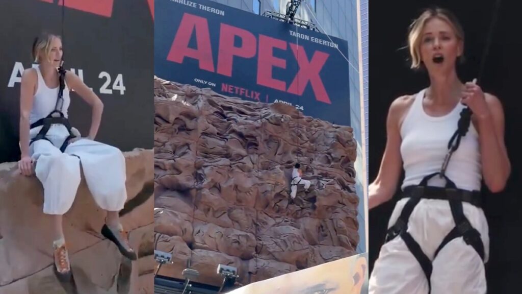 Charlize Theron Rock Climbs Above Times Square