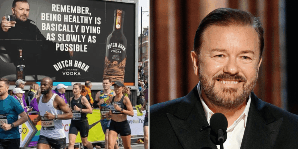 Ricky Gervais leaves fans divided with new Dutch Barn vodka billboard poking fun at London Marathon runners
