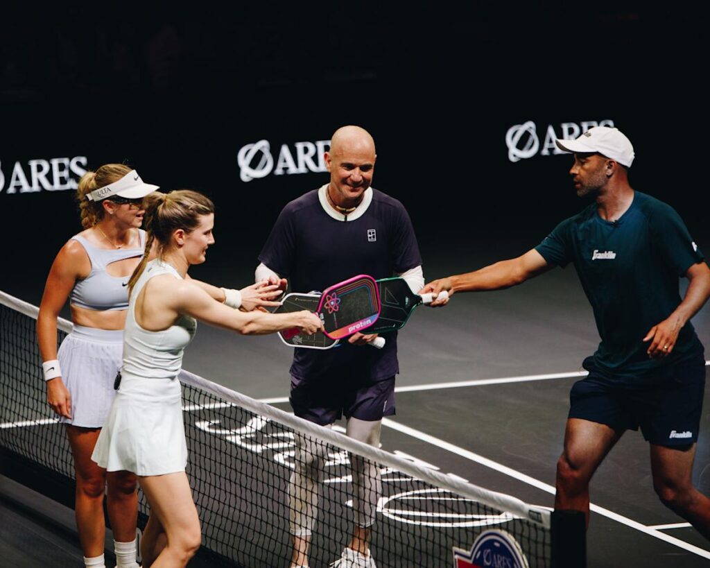 Andre Agassi, James Blake, Anna Leigh Waters and Genie Bouchard compete April 15, 2026 in the Ares Pickleball Slam 4 at Hard Rock Live at Seminole Hard Rock Hotel &amp; Casino Hollywood, Fla.