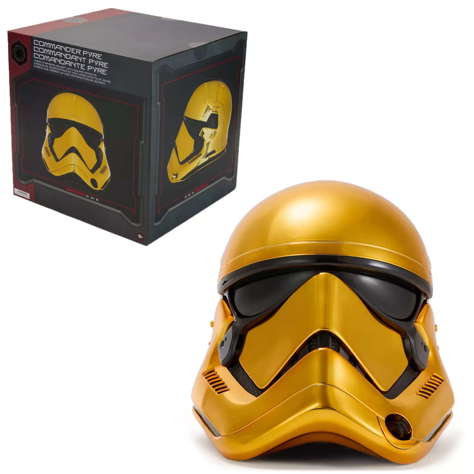 This is a full-scale adult helmet with character phrases, voice-changing effects, and interior padding. It’s the same shape as a standard First Order helmet but with a golden finish. Commander Pyre appears in the animated series Star Wars Resistance. 