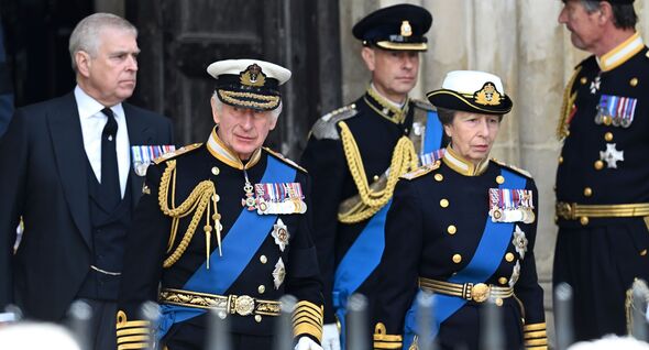 Andrew, Edward, Anne and King Charles at the Funeral of Her Majesty Queen Elizabeth II at Westminster Abbey