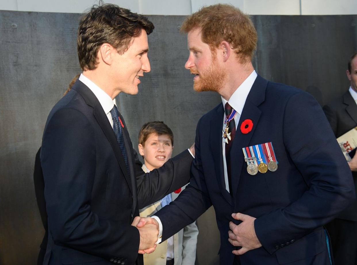 Justin Trudeau and Prince Harry on April 9, 2017Credit: Getty