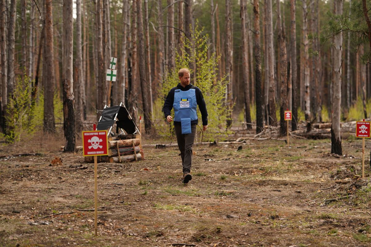 Harry walking through a landmine corridor in the city of Bucha