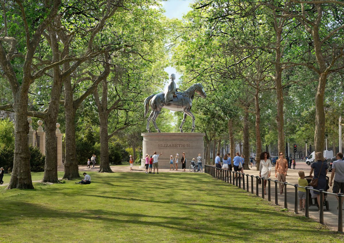An artist's impression of a sculpture showing Queen Elizabeth II riding a horse 