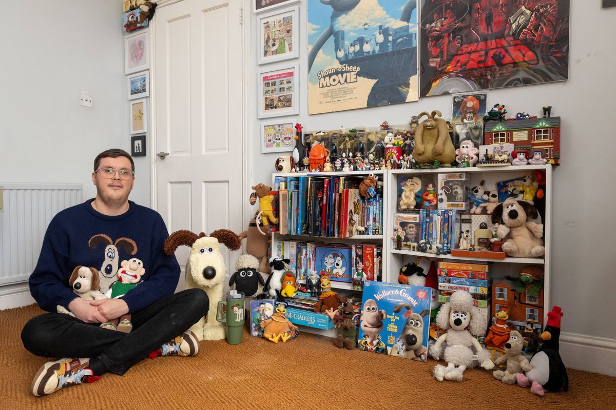 An individual is seated on the floor in a room adorned with various decorative items, including a collection of figurines and toys prominently displayed on a shelf. The ambiance of the room is complemented by the presence of posters on the wall.
