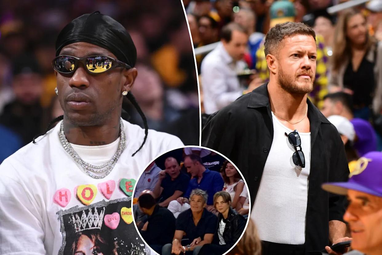 An image collage containing 3 images, Image 1 shows Travis Scott in a white graphic t-shirt and sunglasses with the reflection of the basketball court in them, Image 2 shows Dan Reynolds attending an NBA game between the Houston Rockets and the Los Angeles Lakers, Image 3 shows Timothy Olyphant sitting court-side at a basketball game