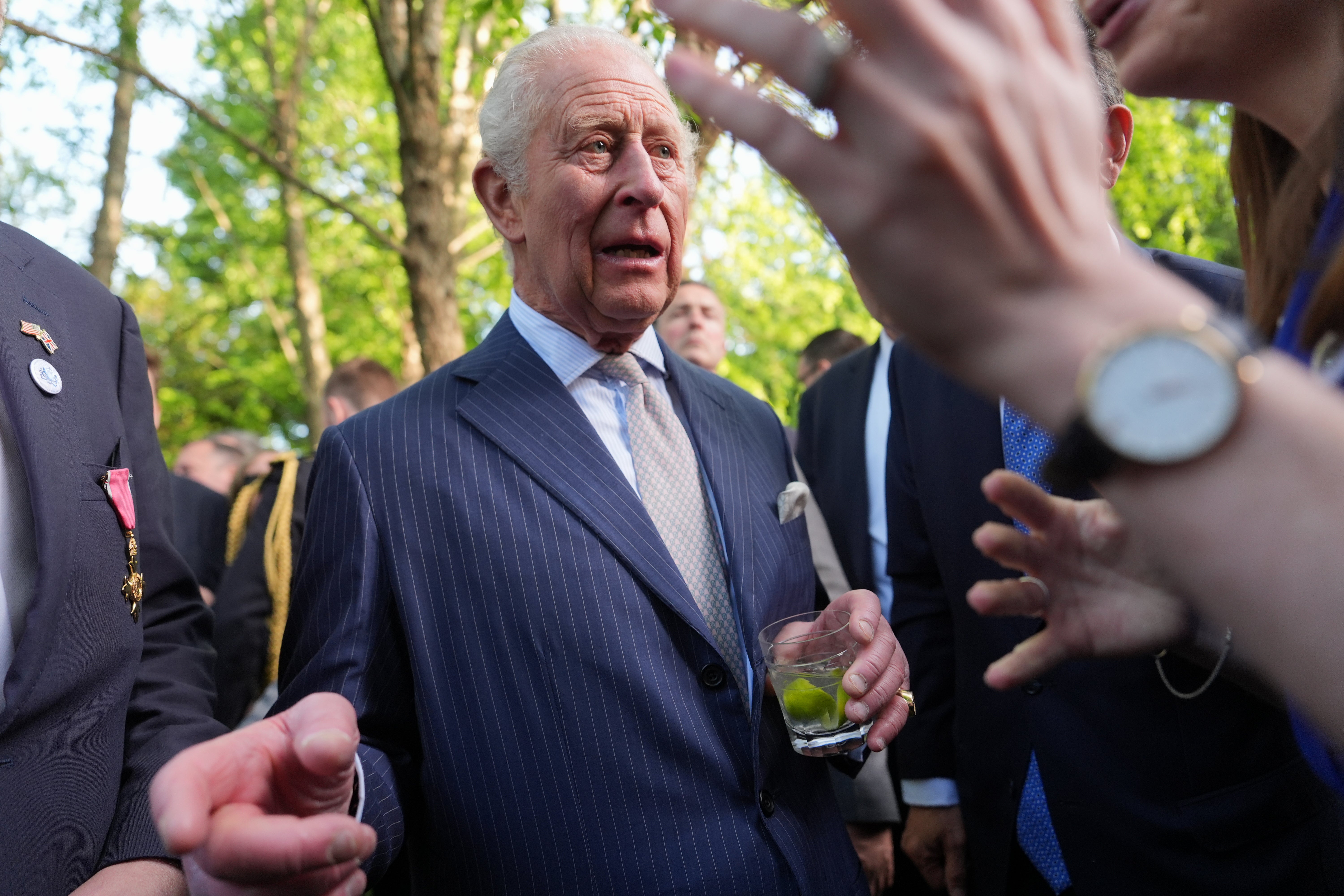Britain's King Charles III attends a garden party at the British Embassy on day one of King Charles III and Queen Camilla's State Visit to the United States of America