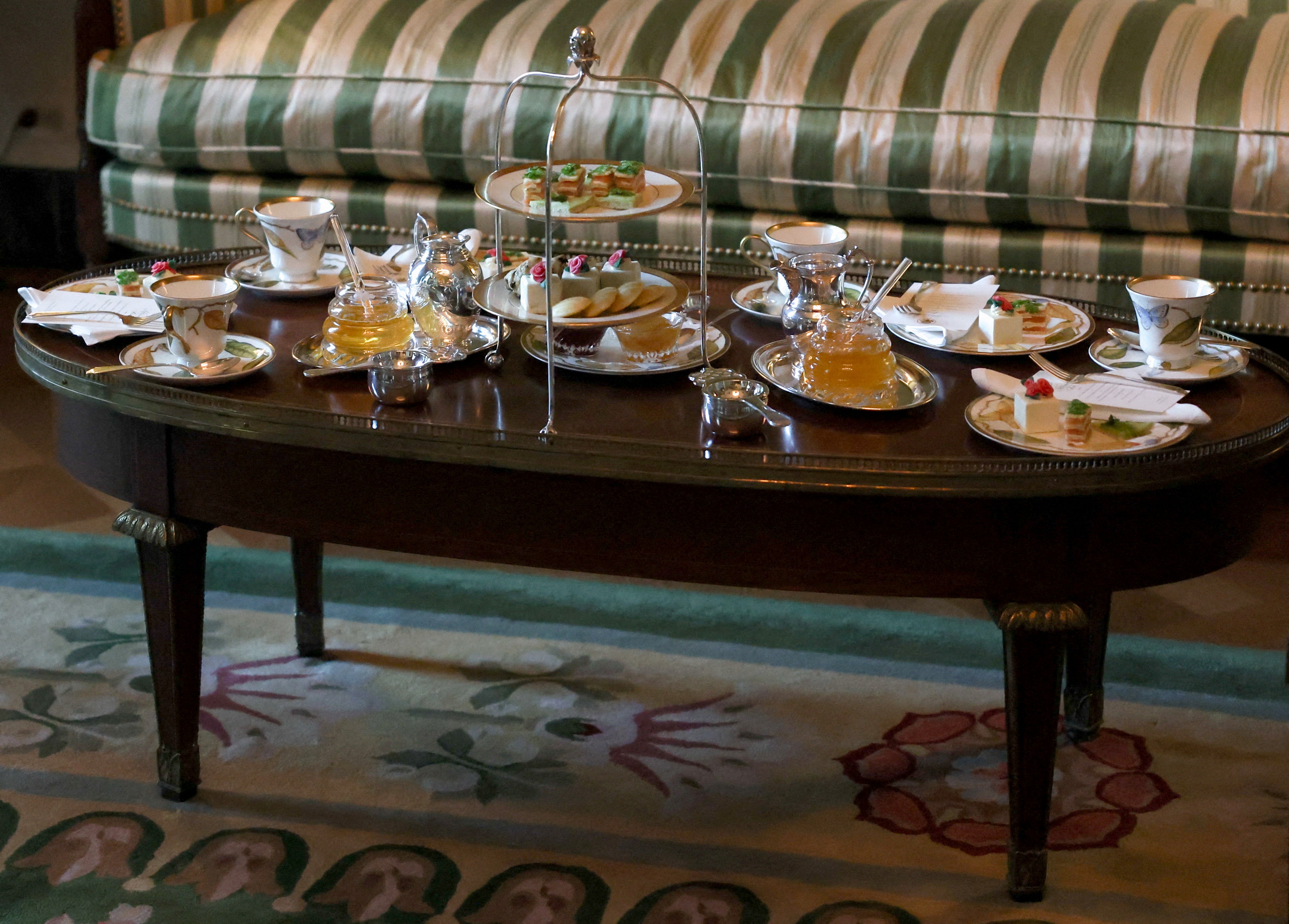 A table is set for US President Donald Trump and First Lady Melania Trump to host Britain's King Charles III and Britain's Queen Camilla for tea