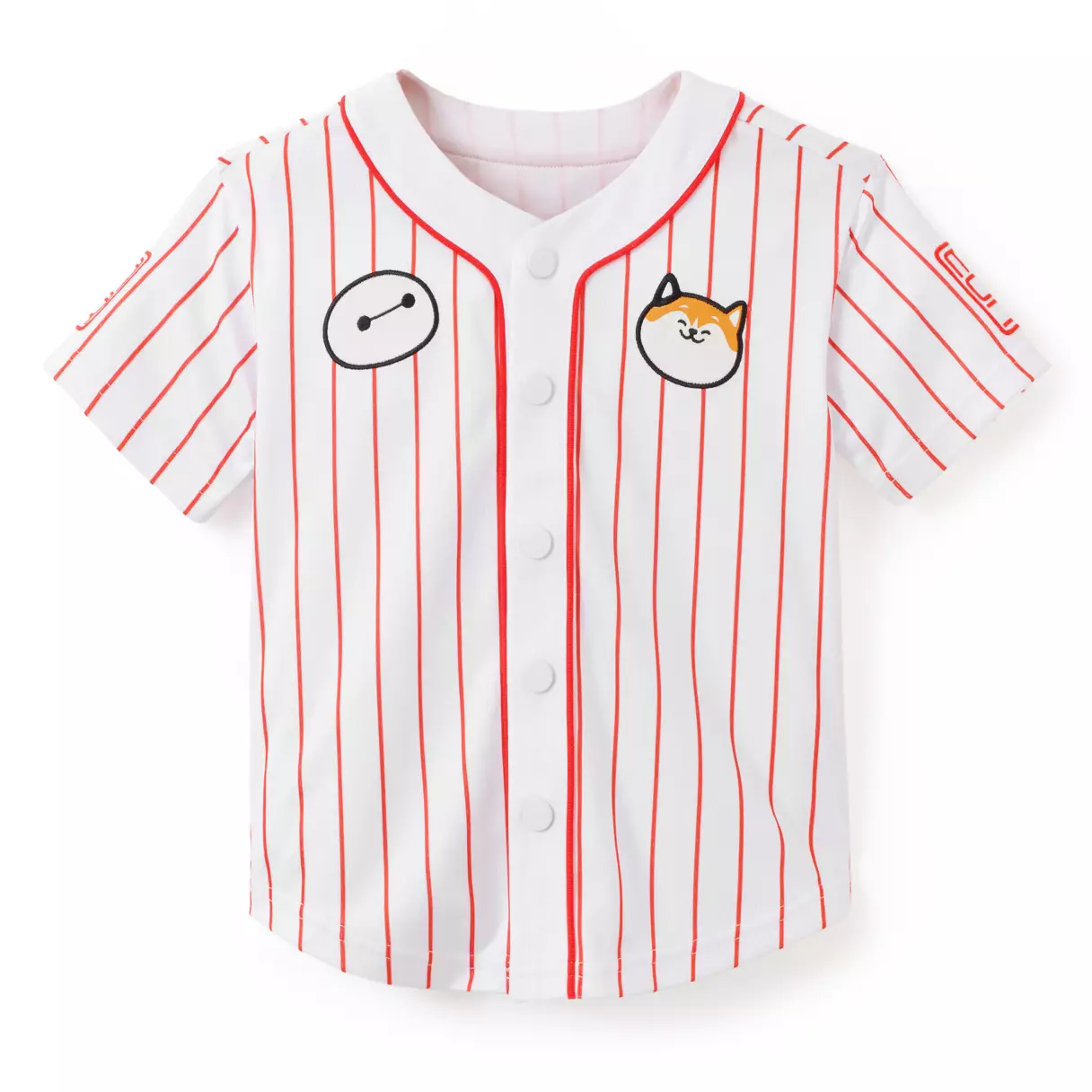 In white with red vertical stripes, this baseball jersey has five white buttons on the front. There is a patch of Mochi the cat on the left side and Baymax on the right.