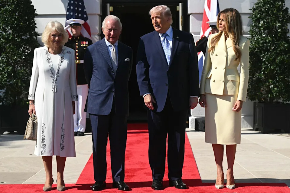 Saul Loeb/AFP via Getty Images - PHOTO: President Donald Trump and First Lady Melania Trump greet Britain's King Charles III and Britain's Queen Camilla upon arrival at the South Portico of the White House in Washington, April 27, 2026.