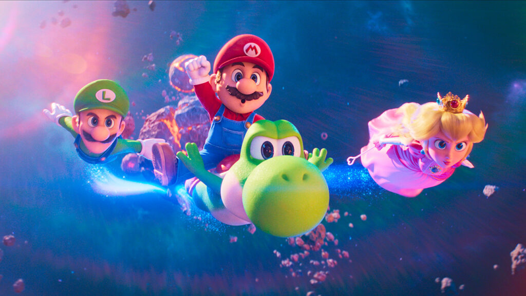 L to R: Luigi (Charlie Day), Mario c(Chris Pratt), Yoshi (Donald Glover) and Princess Peach (Anya Taylor-Joy) in Nintendo and Illumination’s The Super Mario Galaxy Movie, directed by Aaroan Horvath and Michael Jelenic.