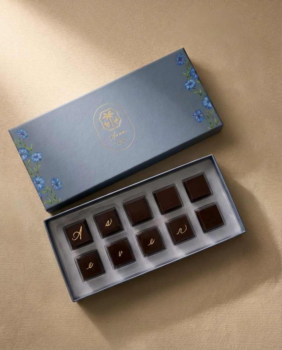 Chocolates arranged in a decorative box with floral design and handwritten letters.
