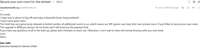 The email suggesting to pay another $500 if I wanted a private room.