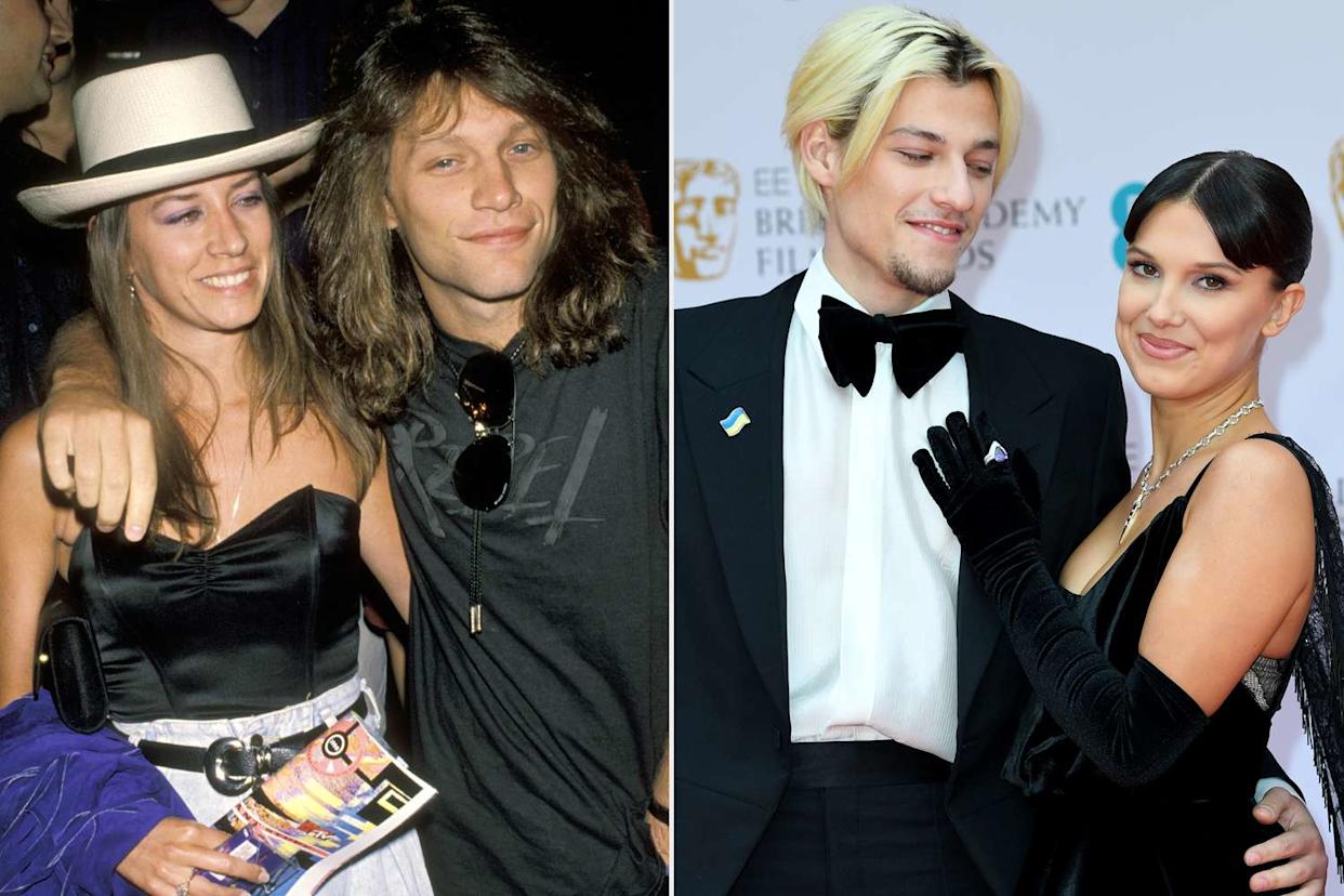 From left: Dorothea Bongiovi and Jon Bon Jovi on Aug. 14, 1990; Jake Bongiovi and Millie Bobby Brown attend the EE British Academy Film Awards at Royal Albert Hall in London on March 13, 2022Credit: Getty(2)