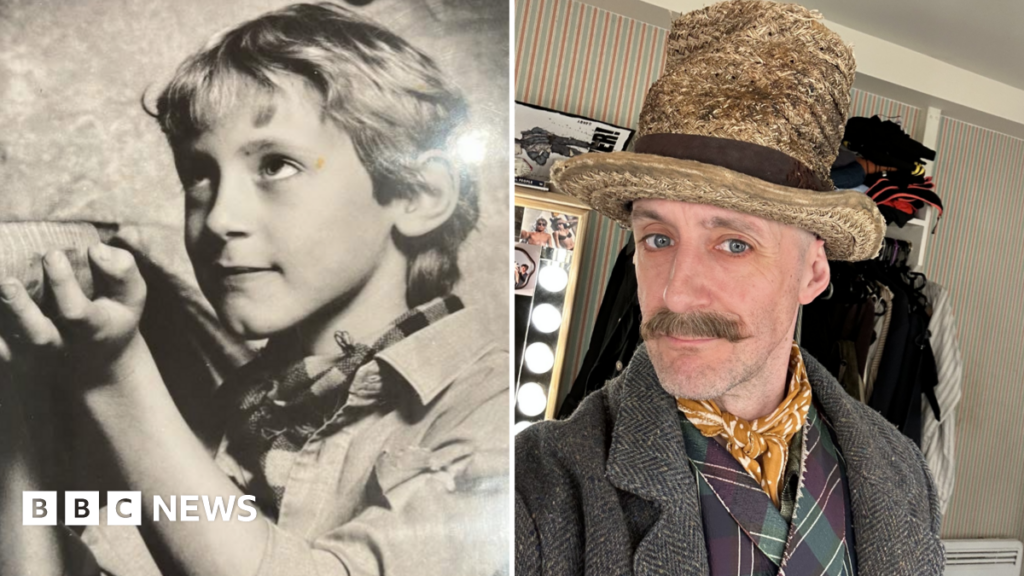 Two pictures of the same actor, Jamie Tyler. On the left he is nine years old, wearing a shirt and a scarf and holding up a food bowl. He has short hair. The picture on the right is him aged 45, wearing a hat, a waistcoat, a jacket and a neck scarf, dressed up for Oliver!