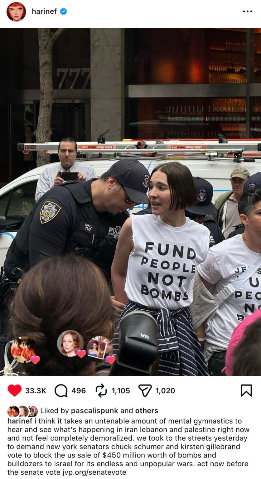 Actress Hari Nef on being arrested at NYC protest over US arms sales to Israel: “and I’ll do it again. going to jail is honestly not that big of a deal!! especially when you're surrounded by senior jewish divas who have been doing it since the '70's.”