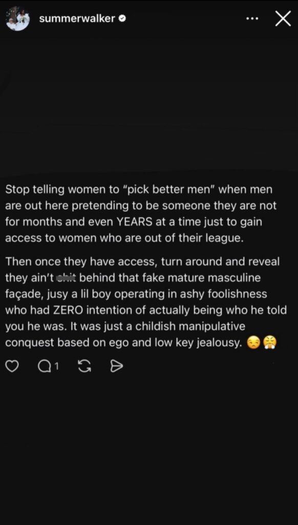 Summer Walker shares her thoughts on the Megan Thee Stallion discourse via IG story : “Stop telling women to ‘pick better men’ “