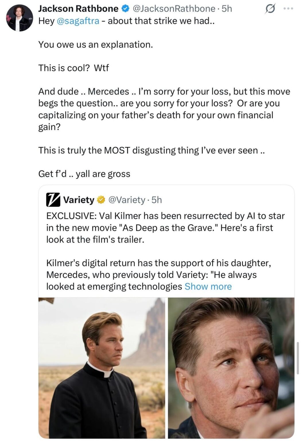 Twilight’s Jackson Rathbone on Val Kilmer has been resurrected by Al to star in "As Deep as the Grave”: This is truly the MOST disgusting thing l've ever seen