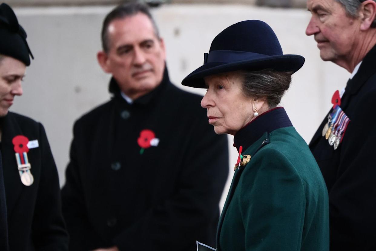 Princess Anne wearing her gold ribbon brooch on April 25, 2026.Credit: Getty