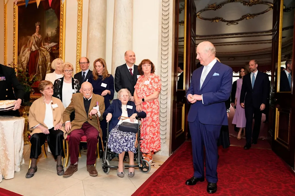 King Charles III meets (front left-right) 100 year-olds Joan Illingworth, John Jervois and Mary Wood during a reception at Buckingham Palace in London to celebrate the 100th anniversary of Queen Elizabeth II's birth (Jordan Pettitt/PA Wire)
