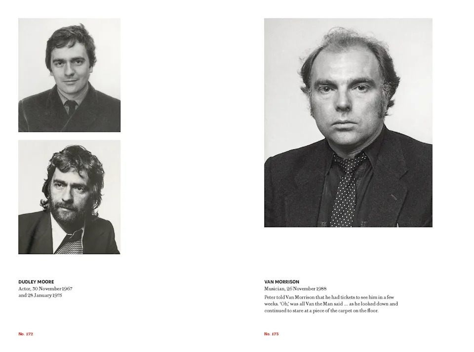 Four black-and-white passport portraits arranged across two pages: Dudley Moore in two images from 1967 and 1975, and Van Morrison in a single large portrait from 1988, staring impassively past the camera.