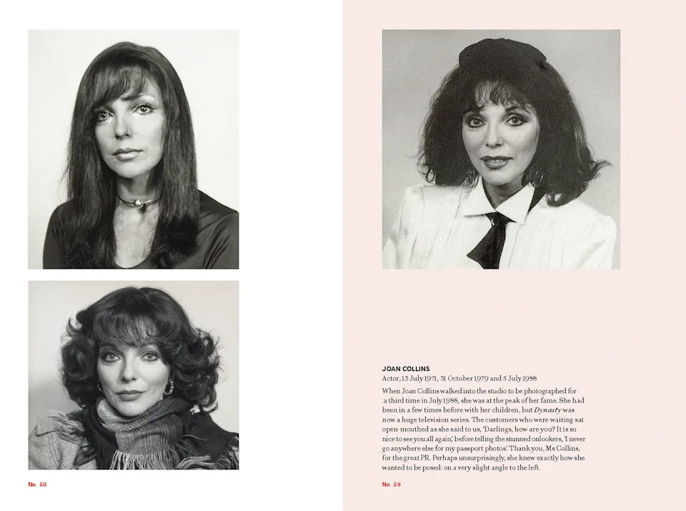 Three black-and-white passport portraits of Joan Collins taken across different visits to the studio in 1971, 1979 and 1988, accompanied by a caption describing her third visit at the peak of her Dynasty fame.
