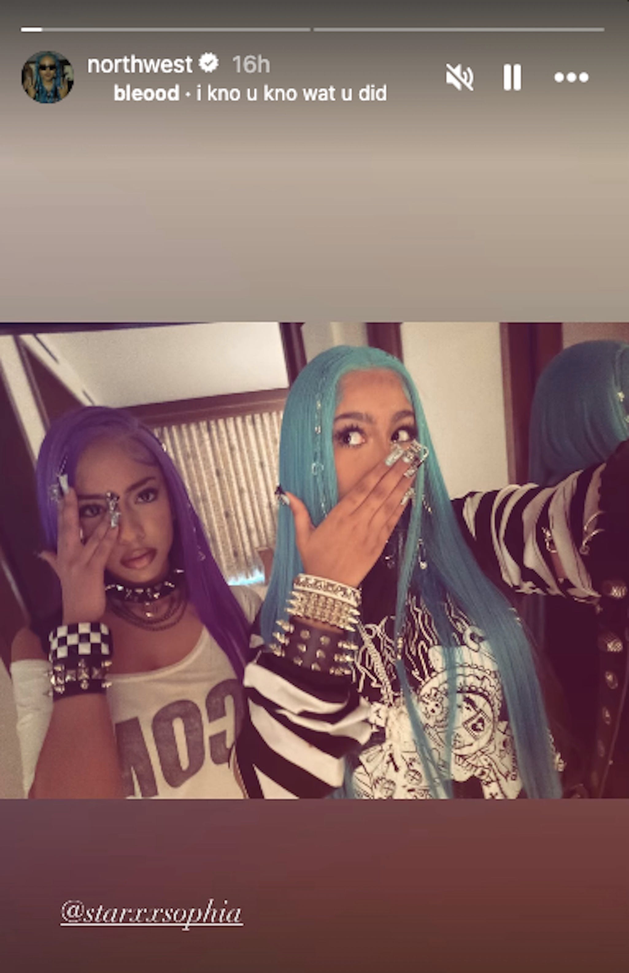 Two individuals with colorful hair and unique outfits posing together.