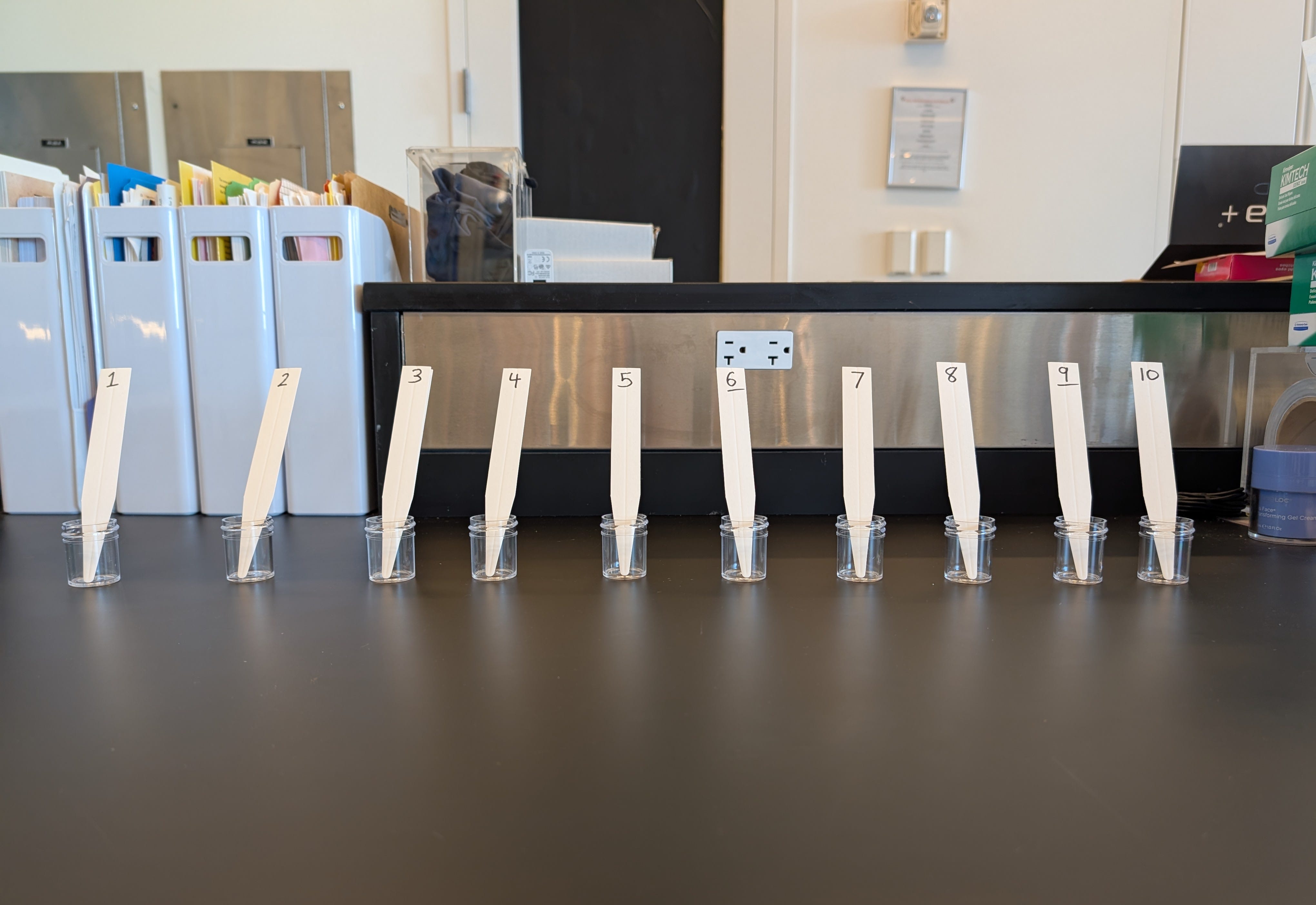 row of numbered scent blotters on a countertop