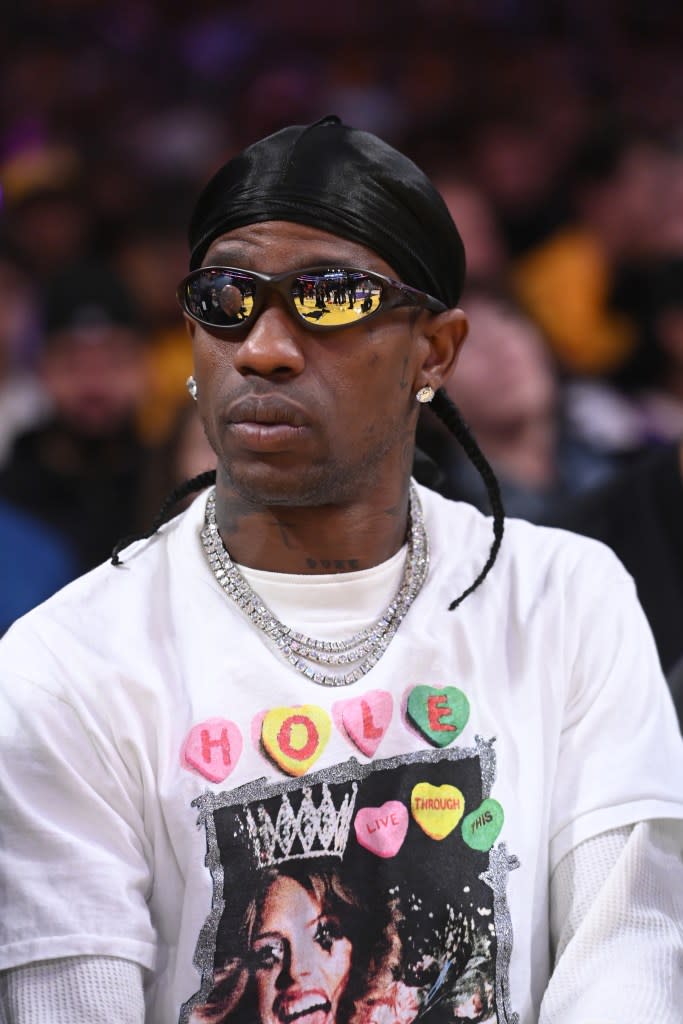 Travis Scott attends a game between the Houston Rockets and Los Angeles Lakers on Saturday. NBAE via Getty Images