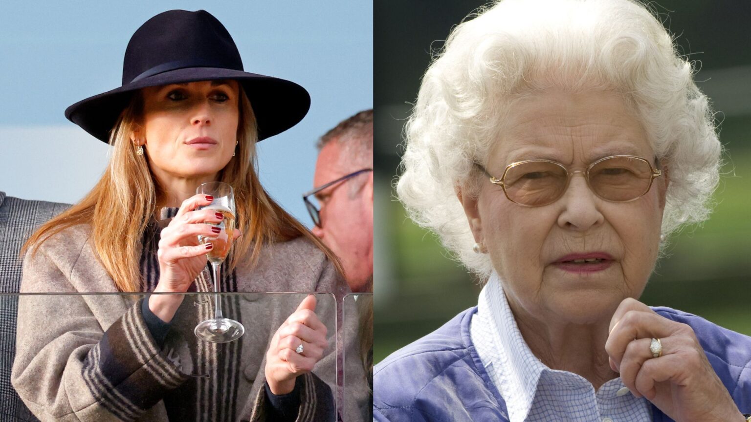 Harriet Sperling wearing a hat and brown coat drinking champagne; Queen Elizabeth looking concerned and holding her hand up