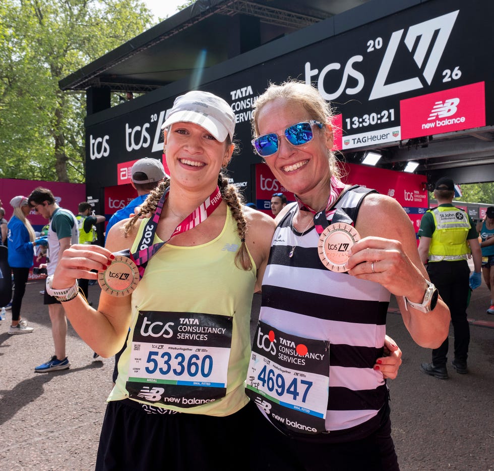 broadcaster, sophie raworth poses with her daughter, ella raworth at the finish line on the mall during the tcs london marathon on sunday 26th april 2026. photo: andrew baker for london marathon events for further information: media@londonmarathonevents.co.uk