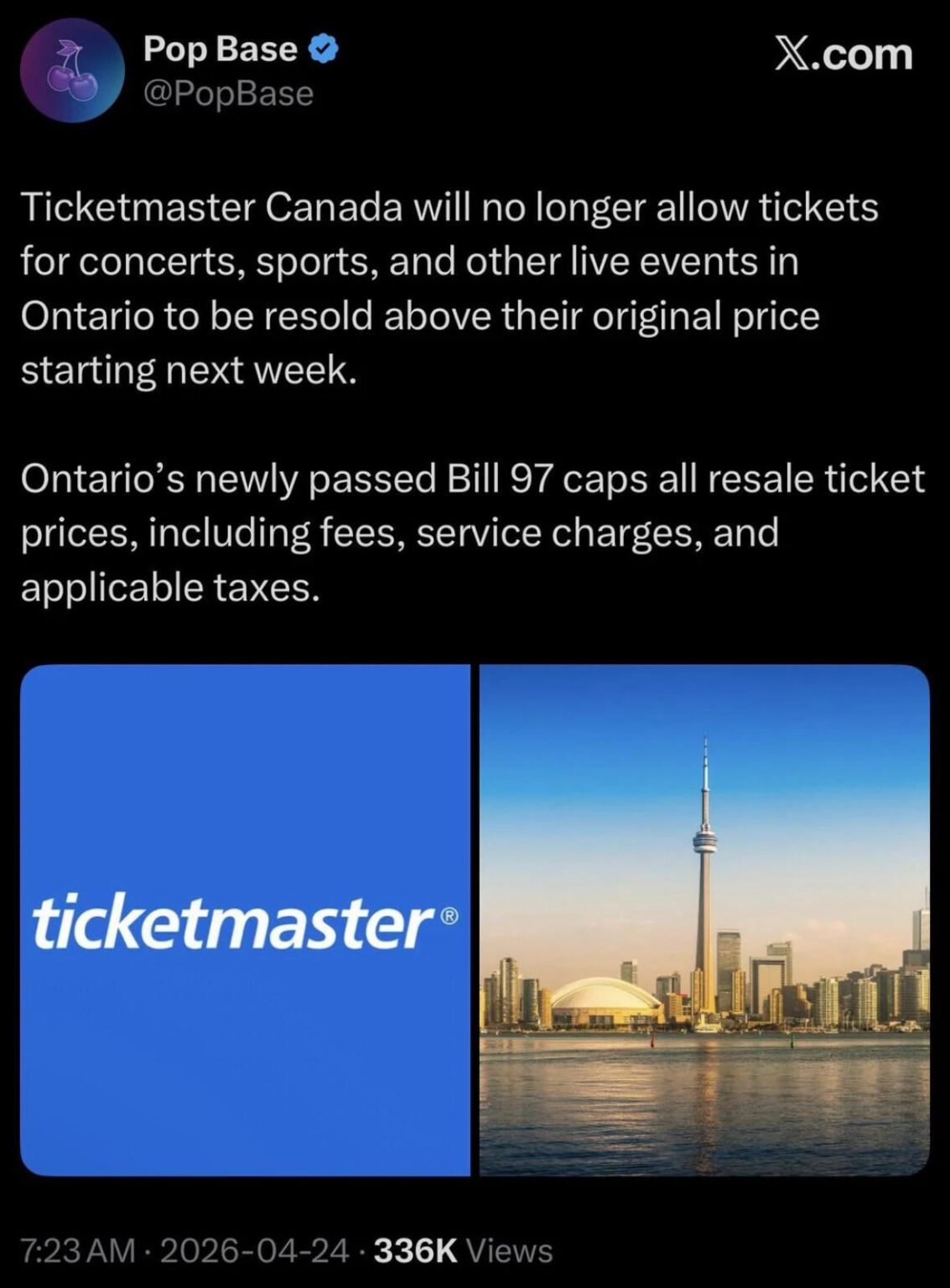Ticketmaster Canada will no longer allow tickets for events in Ontario to be resold above their original price