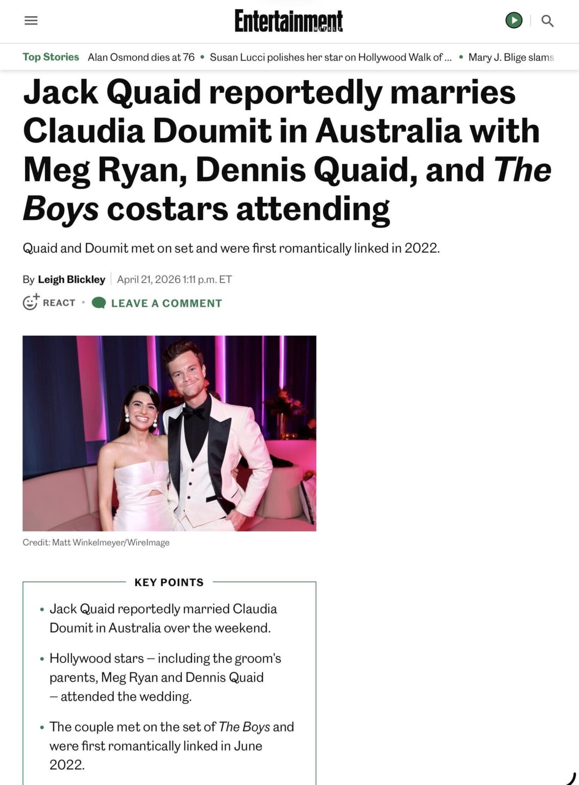The Boys' co-stars Jack Quaid and Claudia Doumit get married in a private ceremony in Australia.