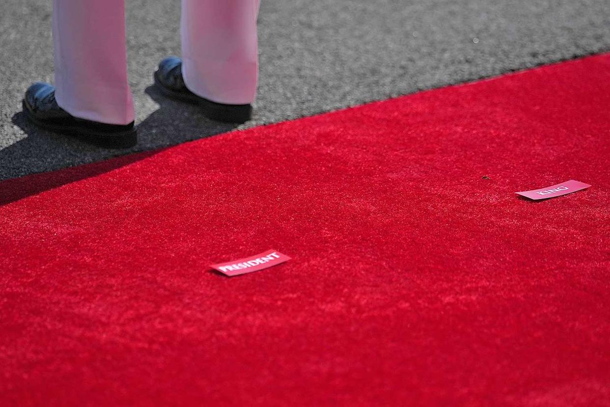 Markers on the ground before the arrival of President Donald Trump and King Charles on the South Lawn of the White House in Washington, D.C. on April 27, 2026.Credit: Andrew Harnik/Getty