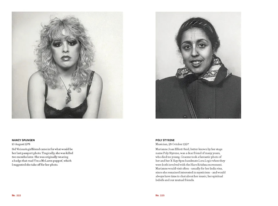 Two black-and-white passport portraits side by side: Nancy Spungen in heavy eye make-up and a necklace, photographed two months before her death in 1978, and musician Poly Styrene smiling warmly, photographed in 1997.