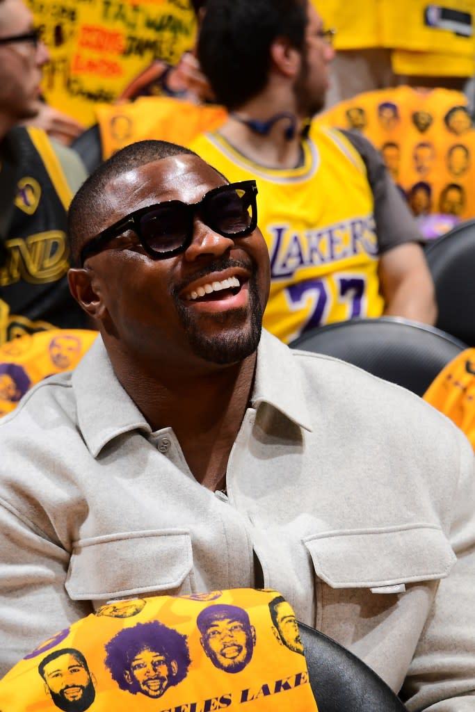 Khalil Mack attends a game between the Los Angeles Lakers and the Houston Rockets during Round One Game One of the 2026 NBA Playoffs on April 18, 2026 at Crypto.Com Arena in Los Angeles, California.Photo by Adam Pantozzi/NBAE via Getty Images) NBAE via Getty Images