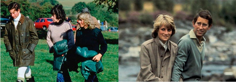 Prince Charles and Camilla Parker-bowles walk with their friend Lady Sarah Keswick In 1979; Charles and Diana in 1982.