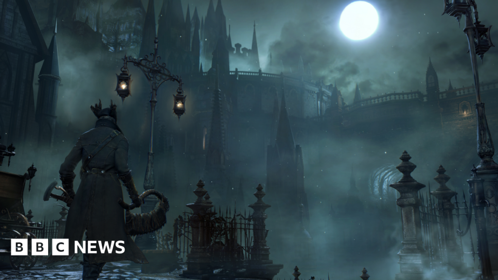 Bloodborne video game film adaptation announced with YouTube star An animated scene shows a character with horns and a long jacket looks out at a dark and starry background with moody lighting, a castle and turrets. The scene is lit up by moonlight and has a green hue.