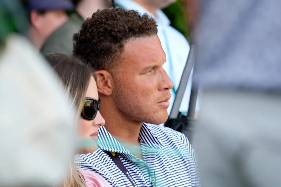 Apr 11, 2026; Augusta, Georgia, USA; Blake Griffin watches golfers on the 14th tee
during the third round of the Masters Tournament at Augusta National Golf Club. Mandatory Credit: Katie Goodale-Imagn Images