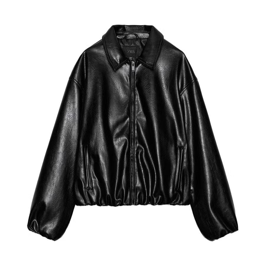 <p>Faux Leather Bomber Jacket</p>